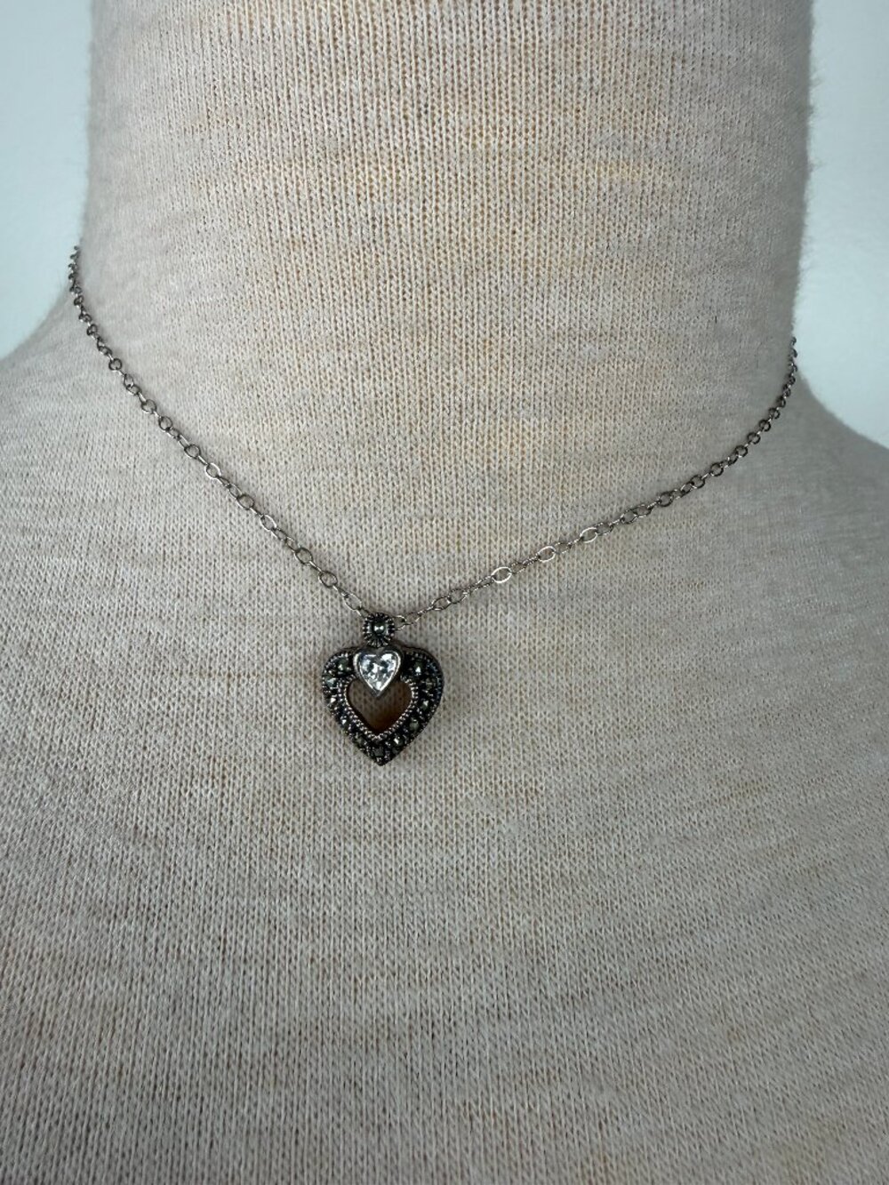 Sterling Silver 925 Heart CZ Crystal Marcasite Pave Pendant Necklace 15.5"
